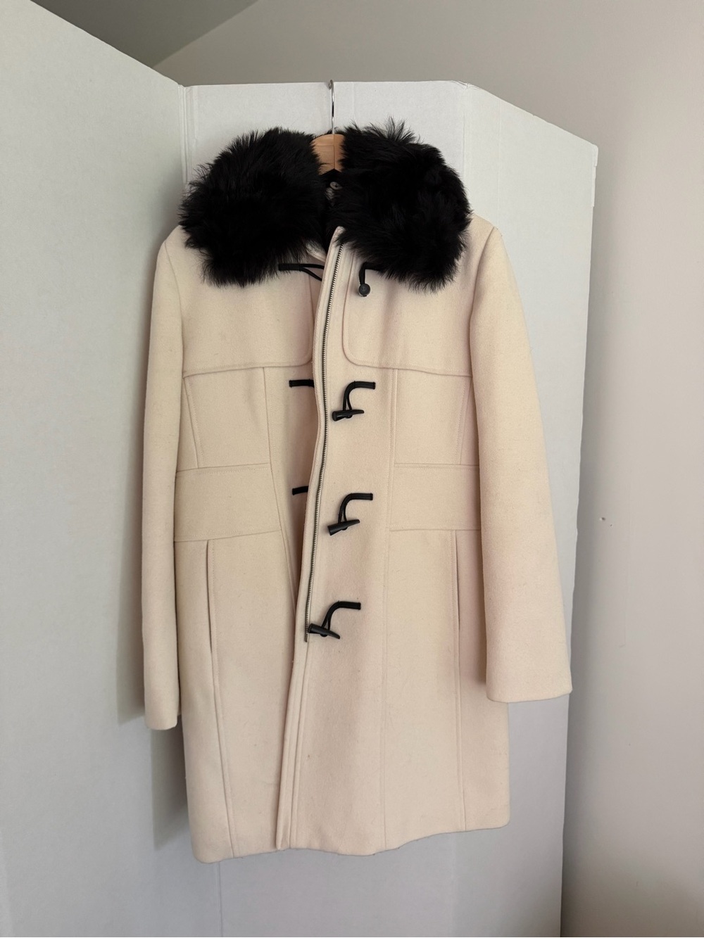 Banana Republic Cream Wool Toggle Coat with Black Faux Fur Collar